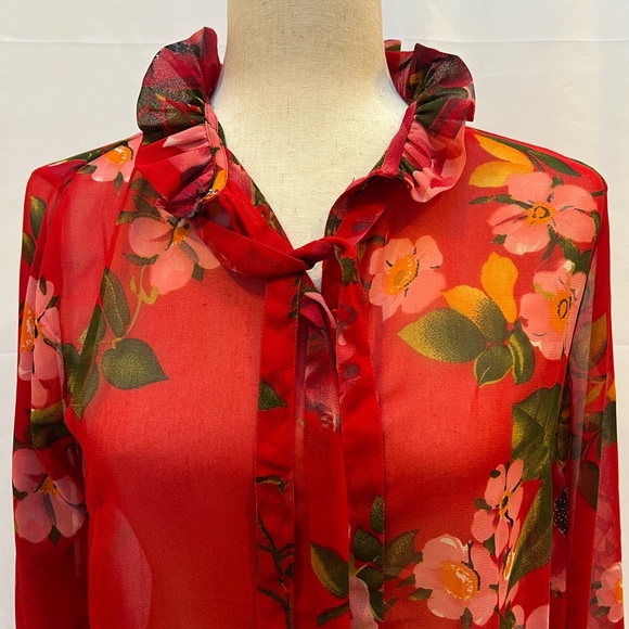 Sheer cherry red floral blouse with tie size 6 - Picture 1 of 6